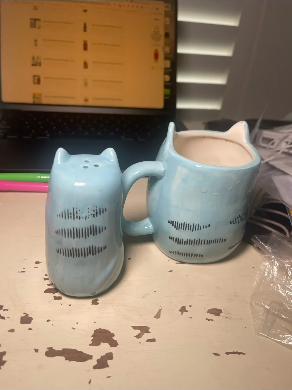 Blue Cat Ceramic Mug and Shaker Set - Cute Cat Design